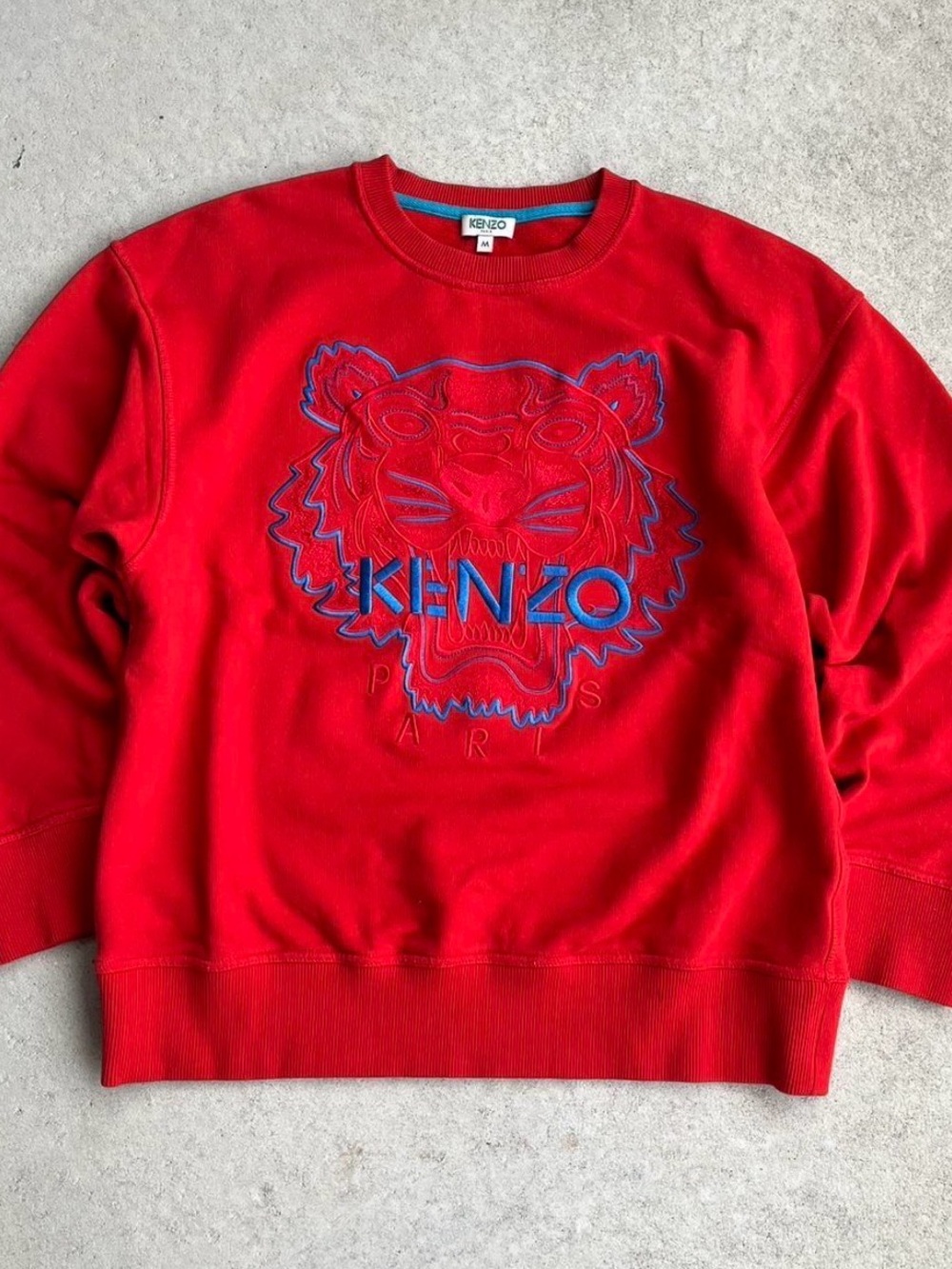 Kenzo Red Crewneck with Blue Tiger Embroidery